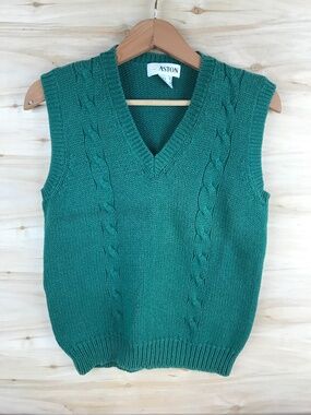 Vtg Unisex Sweater‎ Vest Mens Large Green V-Neck Cable Knit Ashton Cotton 80s